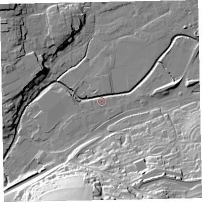 Shaded relief map of the ground around EX164DA, computed from Environment Agency LiDAR. The ground here sits at about 67 m above sea level and falls 48 m across the surrounding 800 m. Surface water reaching this point runs off ground lying to the east-north-east, 9.6 m higher.