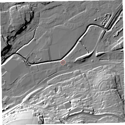 Shaded relief map of the ground around EX164DB, computed from Environment Agency LiDAR. The ground here sits at about 67 m above sea level and falls 43 m across the surrounding 800 m. Surface water reaching this point runs off ground lying to the east-north-east, 9.2 m higher.