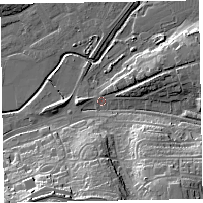 Shaded relief map of the ground around EX164DD, computed from Environment Agency LiDAR. The ground here sits at about 69 m above sea level and falls 31 m across the surrounding 800 m. Surface water reaching this point runs off ground lying to the south-east, 26.8 m higher.