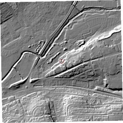 Shaded relief map of the ground around EX164DE, computed from Environment Agency LiDAR. The ground here sits at about 72 m above sea level and falls 26 m across the surrounding 800 m. Surface water reaching this point runs off ground lying to the east-south-east, 7.0 m higher.