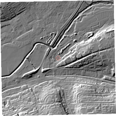 Shaded relief map of the ground around EX164DF, computed from Environment Agency LiDAR. The ground here sits at about 69 m above sea level and falls 28 m across the surrounding 800 m. Surface water reaching this point runs off ground lying to the east-north-east, 12.7 m higher.