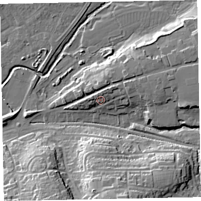 Shaded relief map of the ground around EX164DL, computed from Environment Agency LiDAR. The ground here sits at about 76 m above sea level and falls 29 m across the surrounding 800 m. Surface water reaching this point runs off ground lying to the north-north-east, 6.1 m higher.