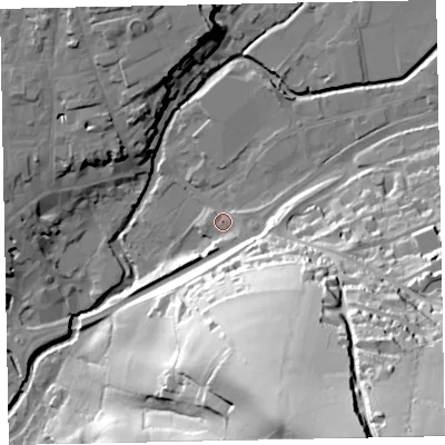 Shaded relief map of the ground around EX164FF, computed from Environment Agency LiDAR. The ground here sits at about 66 m above sea level and falls 87 m across the surrounding 800 m. Surface water reaching this point runs off ground lying to the south-south-east, 44.1 m higher.