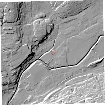 Shaded relief map of the ground around EX164JX, computed from Environment Agency LiDAR. The ground here sits at about 66 m above sea level and falls 26 m across the surrounding 800 m. Surface water reaching this point runs off ground lying to the south-south-west, 1.8 m higher.