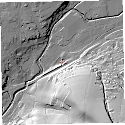 Shaded relief map of the ground around EX164JY, computed from Environment Agency LiDAR. The ground here sits at about 64 m above sea level and falls 95 m across the surrounding 800 m. Surface water reaching this point runs off ground lying to the south-south-east, 46.2 m higher.