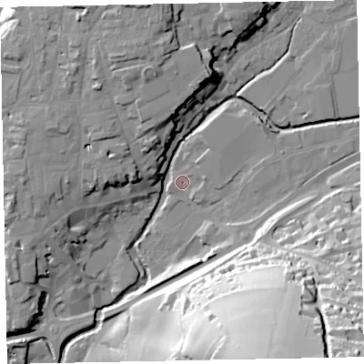 Shaded relief map of the ground around EX164LA, computed from Environment Agency LiDAR. The ground here sits at about 64 m above sea level and falls 67 m across the surrounding 800 m. Surface water reaching this point runs off ground lying to the north-east, 2.5 m higher.