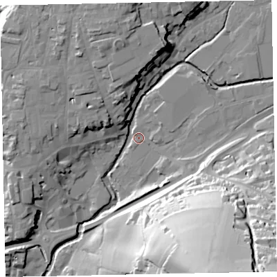 Shaded relief map of the ground around EX164LB, computed from Environment Agency LiDAR. The ground here sits at about 64 m above sea level and falls 73 m across the surrounding 800 m. Surface water reaching this point runs off ground lying to the south-south-east, 67.5 m higher.