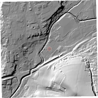 Shaded relief map of the ground around EX164LD, computed from Environment Agency LiDAR. The ground here sits at about 64 m above sea level and falls 87 m across the surrounding 800 m. The ground contributing surface water to this point lies to the east-north-east.