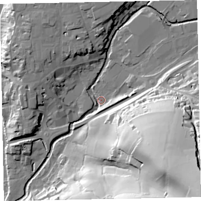 Shaded relief map of the ground around EX164LF, computed from Environment Agency LiDAR. The ground here sits at about 64 m above sea level and falls 97 m across the surrounding 800 m. Surface water reaching this point runs off ground lying to the south-east, 85.6 m higher.