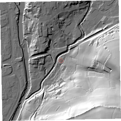 Shaded relief map of the ground around EX164LN, computed from Environment Agency LiDAR. The ground here sits at about 62 m above sea level and falls 111 m across the surrounding 800 m. Surface water reaching this point runs off ground lying to the south-east, 107.8 m higher.