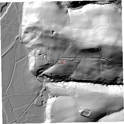 Shaded relief map of the ground around EX164PT, computed from Environment Agency LiDAR. The ground here sits at about 102 m above sea level and falls 116 m across the surrounding 800 m. Surface water reaching this point runs off ground lying to the east-north-east, 51.3 m higher.