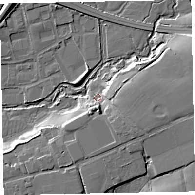 Shaded relief map of the ground around EX164QE, computed from Environment Agency LiDAR. The ground here sits at about 76 m above sea level and falls 16 m across the surrounding 800 m. Surface water reaching this point runs off ground lying to the south, 9.4 m higher.