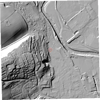 Shaded relief map of the ground around EX165AA, computed from Environment Agency LiDAR. The ground here sits at about 63 m above sea level and falls 58 m across the surrounding 800 m. Surface water reaching this point runs off ground lying to the west-south-west, 26.7 m higher.