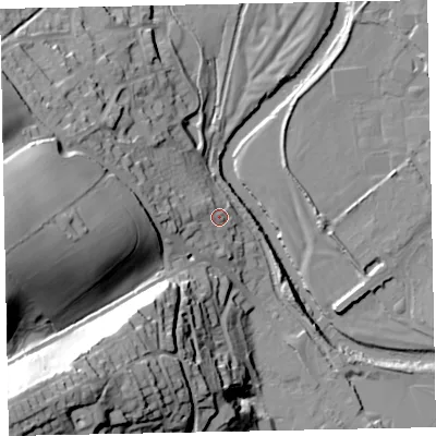 Shaded relief map of the ground around EX165AE, computed from Environment Agency LiDAR. The ground here sits at about 70 m above sea level and falls 64 m across the surrounding 800 m. Surface water reaching this point runs off ground lying to the west, 26.9 m higher.