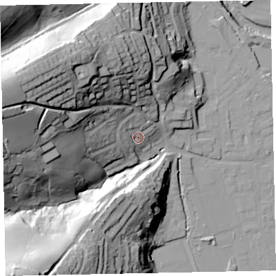 Shaded relief map of the ground around EX165BD, computed from Environment Agency LiDAR. The ground here sits at about 73 m above sea level and falls 69 m across the surrounding 800 m. Surface water reaching this point runs off ground lying to the west-north-west, 55.7 m higher.