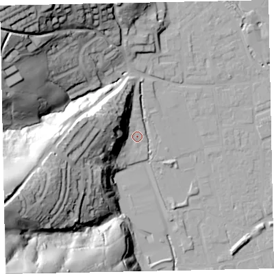 Shaded relief map of the ground around EX165BR, computed from Environment Agency LiDAR. The ground here sits at about 63 m above sea level and falls 77 m across the surrounding 800 m. Surface water reaching this point runs off ground lying to the west-north-west, 28.7 m higher.