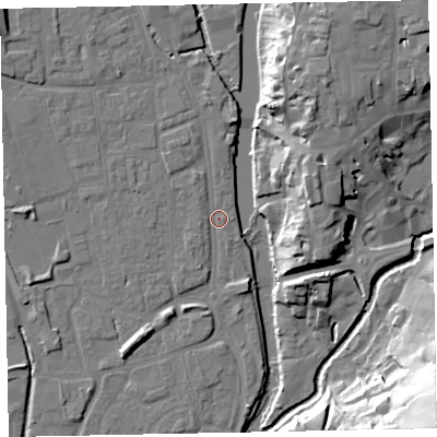 Shaded relief map of the ground around EX165DH, computed from Environment Agency LiDAR. The ground here sits at about 60 m above sea level and falls 43 m across the surrounding 800 m. Surface water reaching this point runs off ground lying to the north-west, 7.7 m higher.