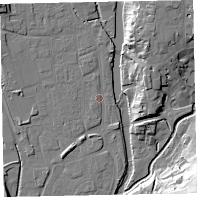 Shaded relief map of the ground around EX165DJ, computed from Environment Agency LiDAR. The ground here sits at about 61 m above sea level and falls 41 m across the surrounding 800 m. Surface water reaching this point runs off ground lying to the north-west, 10.7 m higher.