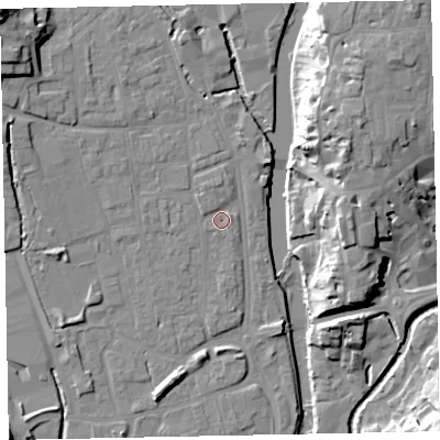 Shaded relief map of the ground around EX165DL, computed from Environment Agency LiDAR. The ground here sits at about 61 m above sea level and falls 21 m across the surrounding 800 m. Surface water reaching this point runs off ground lying to the north-west, 15.6 m higher.