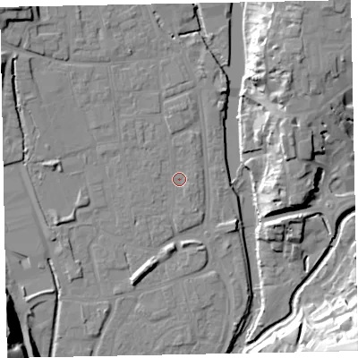 Shaded relief map of the ground around EX165DN, computed from Environment Agency LiDAR. The ground here sits at about 61 m above sea level and falls 37 m across the surrounding 800 m. Surface water reaching this point runs off ground lying to the north-north-east, 1.0 m higher.