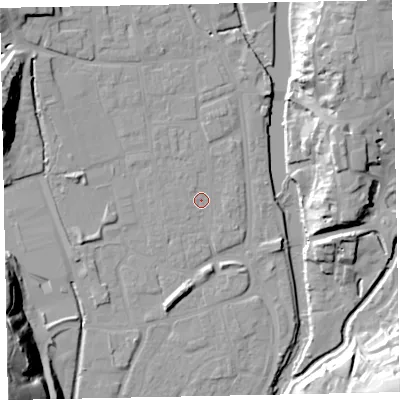 Shaded relief map of the ground around EX165DP, computed from Environment Agency LiDAR. The ground here sits at about 61 m above sea level and falls 37 m across the surrounding 800 m. Surface water reaching this point runs off ground lying to the north-north-east, 1.0 m higher.