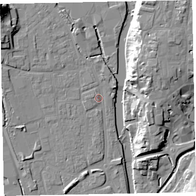 Shaded relief map of the ground around EX165DQ, computed from Environment Agency LiDAR. The ground here sits at about 61 m above sea level and falls 24 m across the surrounding 800 m. Surface water reaching this point runs off ground lying to the north-west, 9.8 m higher.