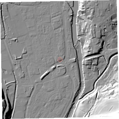 Shaded relief map of the ground around EX165DR, computed from Environment Agency LiDAR. The ground here sits at about 61 m above sea level and falls 63 m across the surrounding 800 m. Surface water reaching this point runs off ground lying to the south-west, 4.7 m higher.