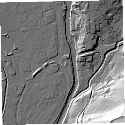 Shaded relief map of the ground around EX165DT, computed from Environment Agency LiDAR. The ground here sits at about 59 m above sea level and falls 79 m across the surrounding 800 m. Surface water reaching this point runs off ground lying to the west-south-west, 4.7 m higher.
