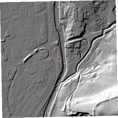 Shaded relief map of the ground around EX165DU, computed from Environment Agency LiDAR. The ground here sits at about 60 m above sea level and falls 90 m across the surrounding 800 m. Surface water reaching this point runs off ground lying to the west, 4.9 m higher.