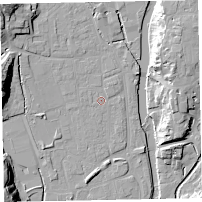 Shaded relief map of the ground around EX165DW, computed from Environment Agency LiDAR. The ground here sits at about 61 m above sea level and falls 34 m across the surrounding 800 m. Surface water reaching this point runs off ground lying to the north-west, 19.5 m higher.