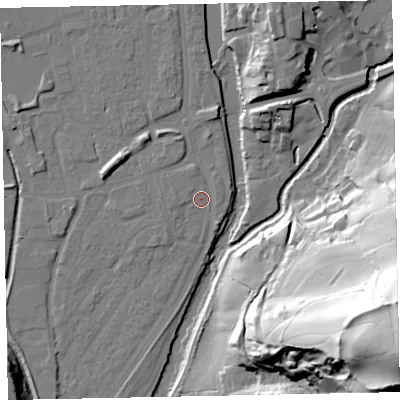 Shaded relief map of the ground around EX165DY, computed from Environment Agency LiDAR. The ground here sits at about 60 m above sea level and falls 85 m across the surrounding 800 m. Surface water reaching this point runs off ground lying to the north-west, 1.1 m higher.