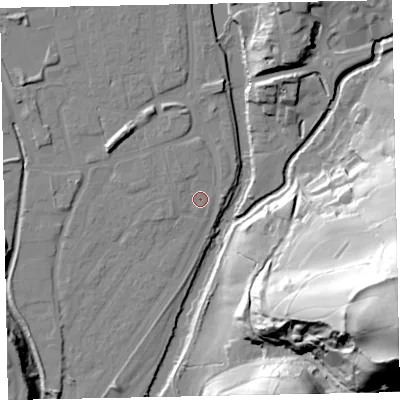 Shaded relief map of the ground around EX165DZ, computed from Environment Agency LiDAR. The ground here sits at about 59 m above sea level and falls 83 m across the surrounding 800 m. Surface water reaching this point runs off ground lying to the north-west, 1.4 m higher.