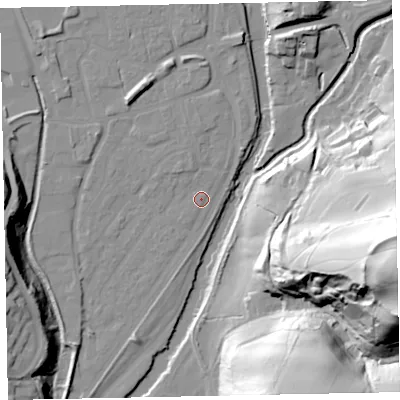 Shaded relief map of the ground around EX165EA, computed from Environment Agency LiDAR. The ground here sits at about 59 m above sea level and falls 79 m across the surrounding 800 m. Surface water reaching this point runs off ground lying to the north, 2.1 m higher.