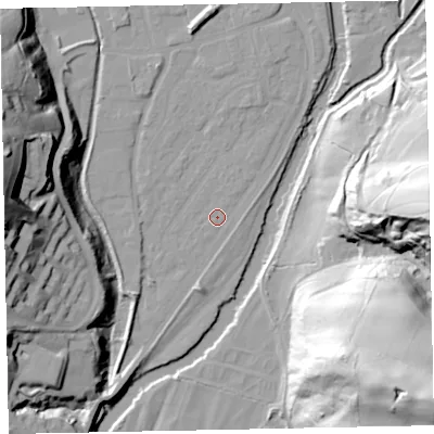 Shaded relief map of the ground around EX165EB, computed from Environment Agency LiDAR. The ground here sits at about 58 m above sea level and falls 73 m across the surrounding 800 m. Surface water reaching this point runs off ground lying to the north-north-east, 2.6 m higher.