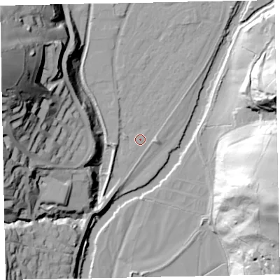 Shaded relief map of the ground around EX165ED, computed from Environment Agency LiDAR. The ground here sits at about 58 m above sea level and falls 70 m across the surrounding 800 m. Surface water reaching this point runs off ground lying to the south-south-west, 6.3 m higher.