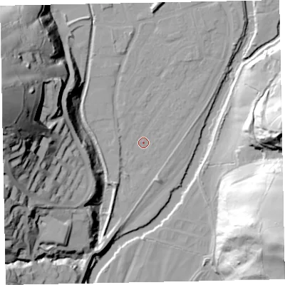 Shaded relief map of the ground around EX165EE, computed from Environment Agency LiDAR. The ground here sits at about 58 m above sea level and falls 69 m across the surrounding 800 m. Surface water reaching this point runs off ground lying to the north, 6.1 m higher.