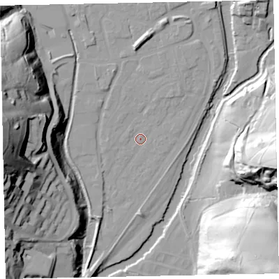 Shaded relief map of the ground around EX165EF, computed from Environment Agency LiDAR. The ground here sits at about 59 m above sea level and falls 67 m across the surrounding 800 m. Surface water reaching this point runs off ground lying to the north, 5.8 m higher.