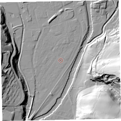 Shaded relief map of the ground around EX165EG, computed from Environment Agency LiDAR. The ground here sits at about 59 m above sea level and falls 68 m across the surrounding 800 m. The ground contributing surface water to this point lies to the west-north-west.
