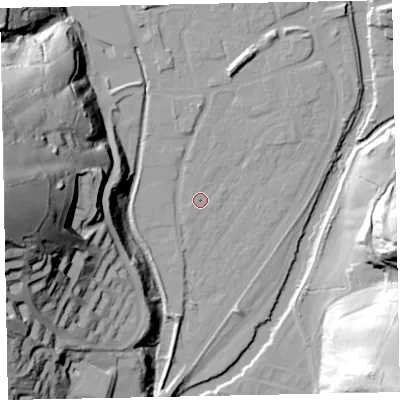 Shaded relief map of the ground around EX165EH, computed from Environment Agency LiDAR. The ground here sits at about 59 m above sea level and falls 74 m across the surrounding 800 m. Surface water reaching this point runs off ground lying to the north-north-east, 0.7 m higher.