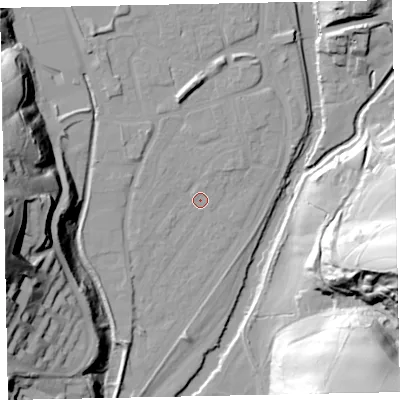 Shaded relief map of the ground around EX165EJ, computed from Environment Agency LiDAR. The ground here sits at about 59 m above sea level and falls 60 m across the surrounding 800 m. Surface water reaching this point runs off ground lying to the north, 5.7 m higher.