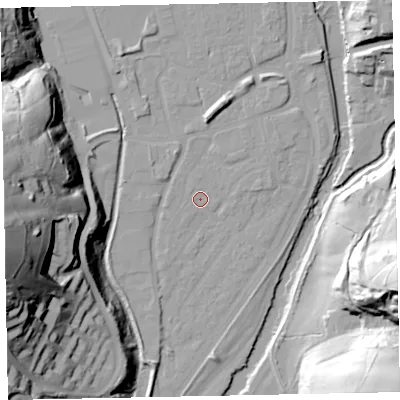 Shaded relief map of the ground around EX165EL, computed from Environment Agency LiDAR. The ground here sits at about 59 m above sea level and falls 65 m across the surrounding 800 m. Surface water reaching this point runs off ground lying to the north-west, 1.0 m higher.