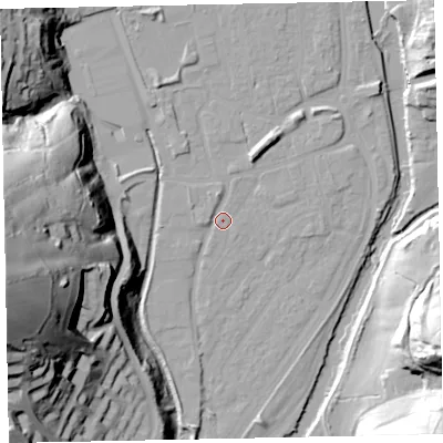 Shaded relief map of the ground around EX165EN, computed from Environment Agency LiDAR. The ground here sits at about 60 m above sea level and falls 72 m across the surrounding 800 m. Surface water reaching this point runs off ground lying to the north-north-east, 5.1 m higher.