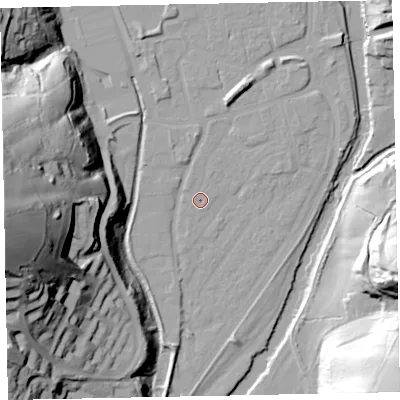 Shaded relief map of the ground around EX165EP, computed from Environment Agency LiDAR. The ground here sits at about 59 m above sea level and falls 73 m across the surrounding 800 m. Surface water reaching this point runs off ground lying to the north-west, 0.5 m higher.