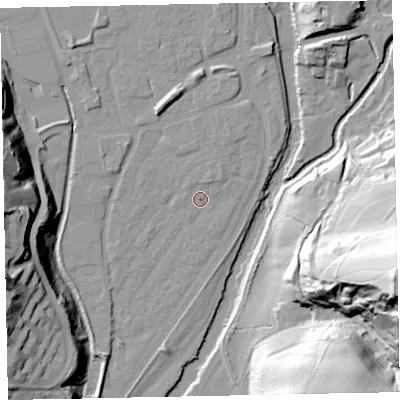Shaded relief map of the ground around EX165EQ, computed from Environment Agency LiDAR. The ground here sits at about 59 m above sea level and falls 69 m across the surrounding 800 m. Surface water reaching this point runs off ground lying to the north-north-east, 1.9 m higher.