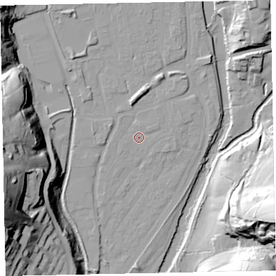 Shaded relief map of the ground around EX165ER, computed from Environment Agency LiDAR. The ground here sits at about 60 m above sea level and falls 58 m across the surrounding 800 m. Surface water reaching this point runs off ground lying to the north, 4.9 m higher.