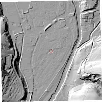 Shaded relief map of the ground around EX165ES, computed from Environment Agency LiDAR. The ground here sits at about 59 m above sea level and falls 61 m across the surrounding 800 m. Surface water reaching this point runs off ground lying to the north, 5.4 m higher.