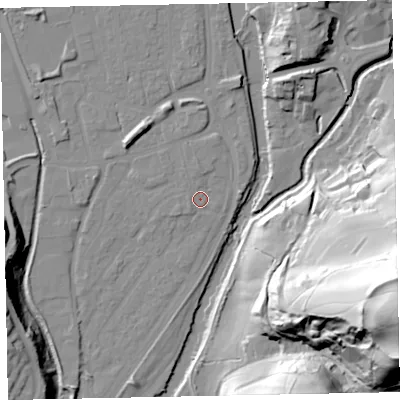 Shaded relief map of the ground around EX165EU, computed from Environment Agency LiDAR. The ground here sits at about 60 m above sea level and falls 79 m across the surrounding 800 m. Surface water reaching this point runs off ground lying to the north, 1.5 m higher.