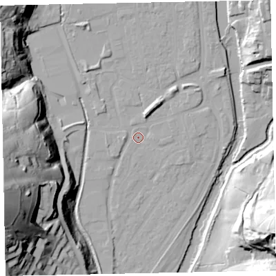 Shaded relief map of the ground around EX165EW, computed from Environment Agency LiDAR. The ground here sits at about 60 m above sea level and falls 66 m across the surrounding 800 m. Surface water reaching this point runs off ground lying to the north-north-east, 4.9 m higher.