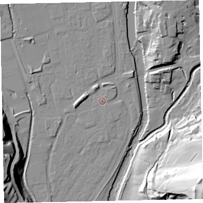 Shaded relief map of the ground around EX165EY, computed from Environment Agency LiDAR. The ground here sits at about 61 m above sea level and falls 73 m across the surrounding 800 m. Surface water reaching this point runs off ground lying to the north-east, 0.8 m higher.