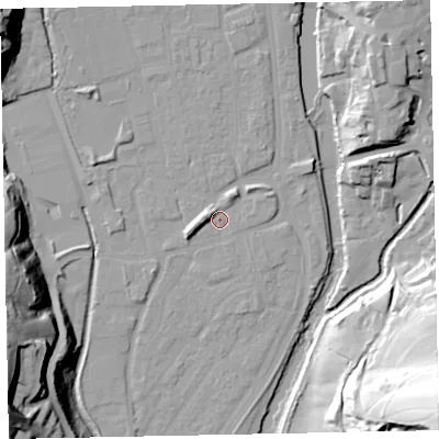 Shaded relief map of the ground around EX165EZ, computed from Environment Agency LiDAR. The ground here sits at about 60 m above sea level and falls 64 m across the surrounding 800 m. Surface water reaching this point runs off ground lying to the west-north-west, 4.4 m higher.